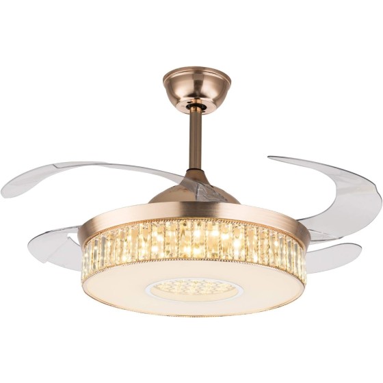 OUTGOO Crystal Ceiling Fan Lights LED Chandelier Variable Speed Retractable Fan with Remote Mute Ceiling Fans for Dining Room/Bedroom 42 inch (Black)