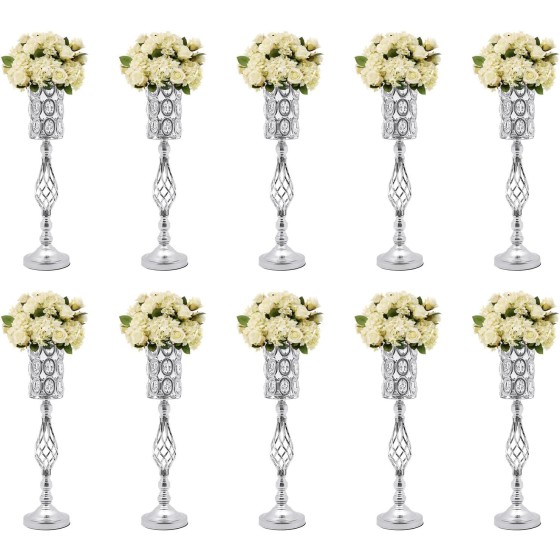 OUTGOO 24 Inch Metal Crystal Wedding Centerpiece Table Decorations, Gold 10Pcs Wedding Flower Vases, Tall Flower Vases for Wedding Reception Table Party Event Hotel Home