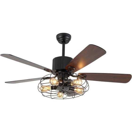 OUTGOO Retro Industrial Ceiling Fan Light 52 Inch 5-Lights E27 Fixture for Restaurant Living Room Bedroom Create Iron Cage Rustic Style (52" Retro Industrial) (Retro Industria Cage)