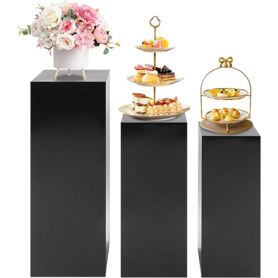 OUTGOO 3 PCS Metal Display Pedestal Stands, Square Black Display Stands Pillars, Decoration Cube Sculpture Display Column for Wedding Party Baby Shower Birthday, H31.49'', 25.59'', 23.62''