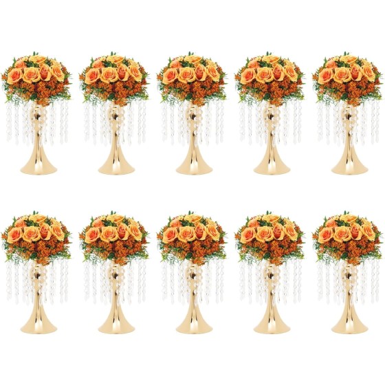 OUTGOO 10 Pcs Gold Vases Wedding Centerpieces Flower Stand Table Decor w/Crystal Beads, 11.2 inches Versatile Metal Flower Stands for Anniversary Celebration/Wedding/Party/Birthday Event