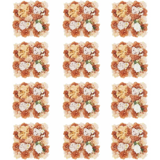 OUTGOO Flower Wall Backdrop Panels, Caramel Brown and Champagne, 15x15 Inch, Set of 12 with Cable Ties, Handcrafted Silk Fabric Floral Decor for Indoor Outdoor Wedding Party Photography