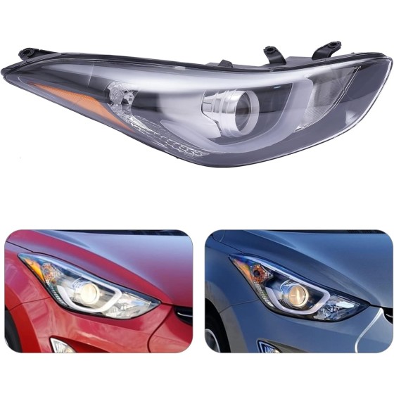 OUTGOO For 2014 2015 2016 Hyundai Elantra Halogen Projector Headlight Right Passenger Side Headlamp Assembly with LED DRL Black & Chrome Housing