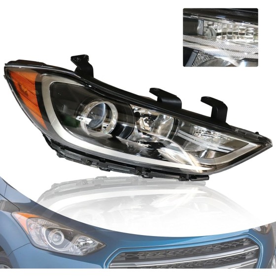 OUTGOO - For 2017 2018 Hyundai Elantra Halogen Headlight Headlamp Assembly Replacement Right Passenger Side Black Housing Clear Lens