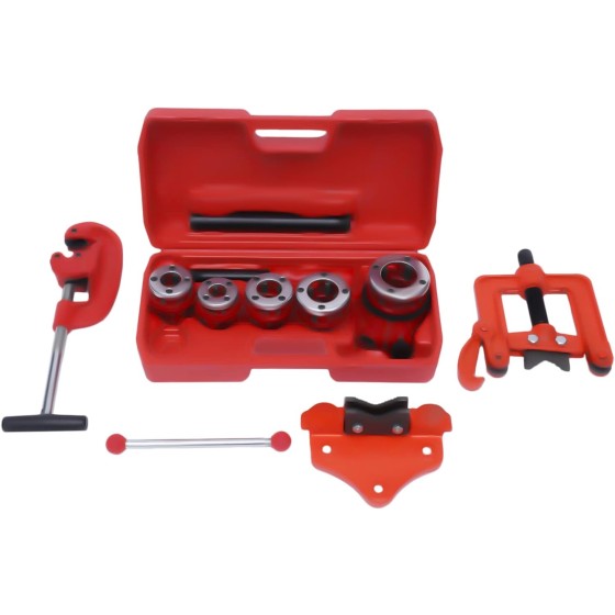 Handheld Pipe Threader Ratchet Type Kit with 5 Dies Set Portable Pipe Cutter Plumbing Tool with a Carry Case 3/8'', 1/2'', 3/4'', 1'', 1-1/4'',BSPT Thread