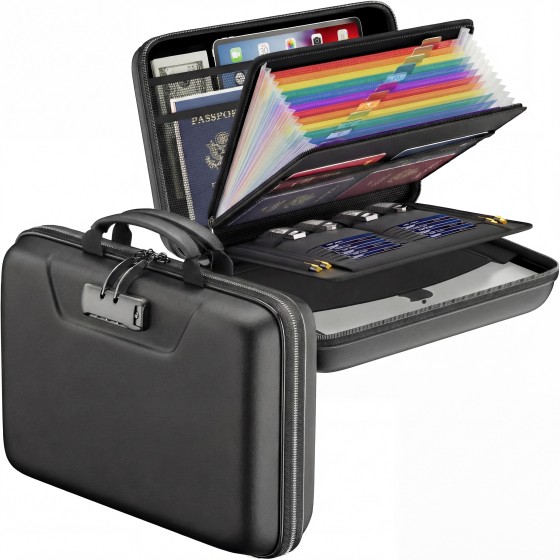 Fireproof Document Box with Lock, Hard Case Fire & Water Resistant File Organizer with 13 Pocket Accordion File Folder, Portable Home Office Safe Box for Important Documents Laptop Black