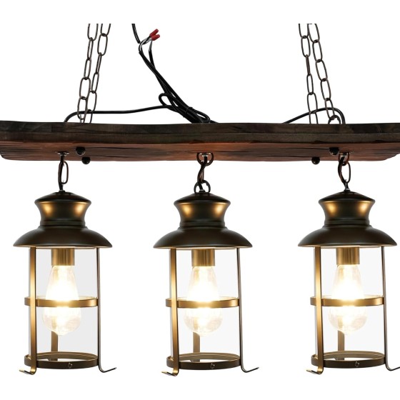 3-Light Rustic Kitchen Island Pendant Lamp Farmhouse Wood Iron Chandelier Industrial Ceiling Hanging Light with Glass Lampshade for Dining Living Room Restaurant Cafe Bar 39.4 x 27 in E26/E27 Base
